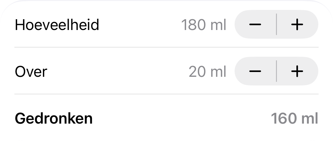 Flesvoeding invoeren: 180 ml in het flesje, 20 ml over, 160 ml gedronken