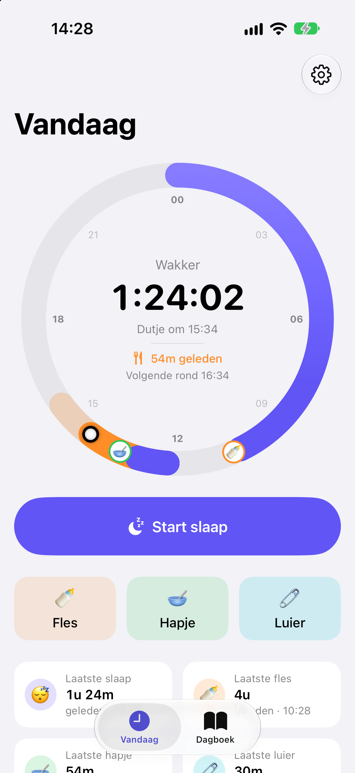 Het Vandaag-scherm van Babyritme met de 24-uursklok, hoe lang de baby wakker is en de knop Start slaap
