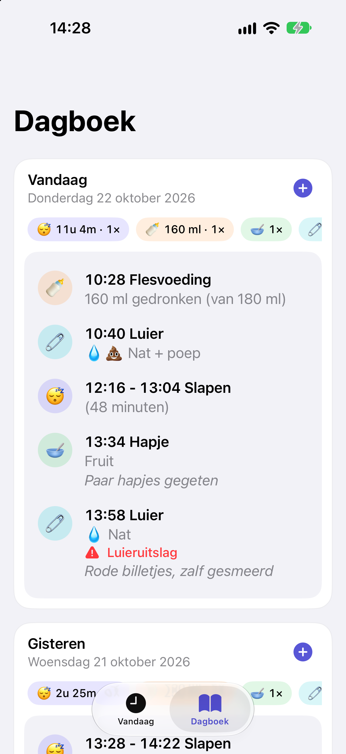Het dagboek van Babyritme met slaapjes, flesjes, hapjes en luiers per dag