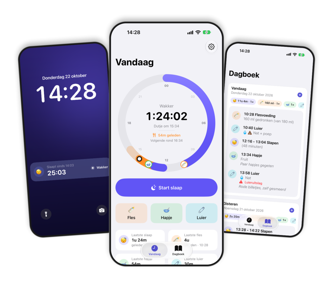 Drie iPhones met het toegangsscherm, het Vandaag-scherm en het dagboek van Babyritme